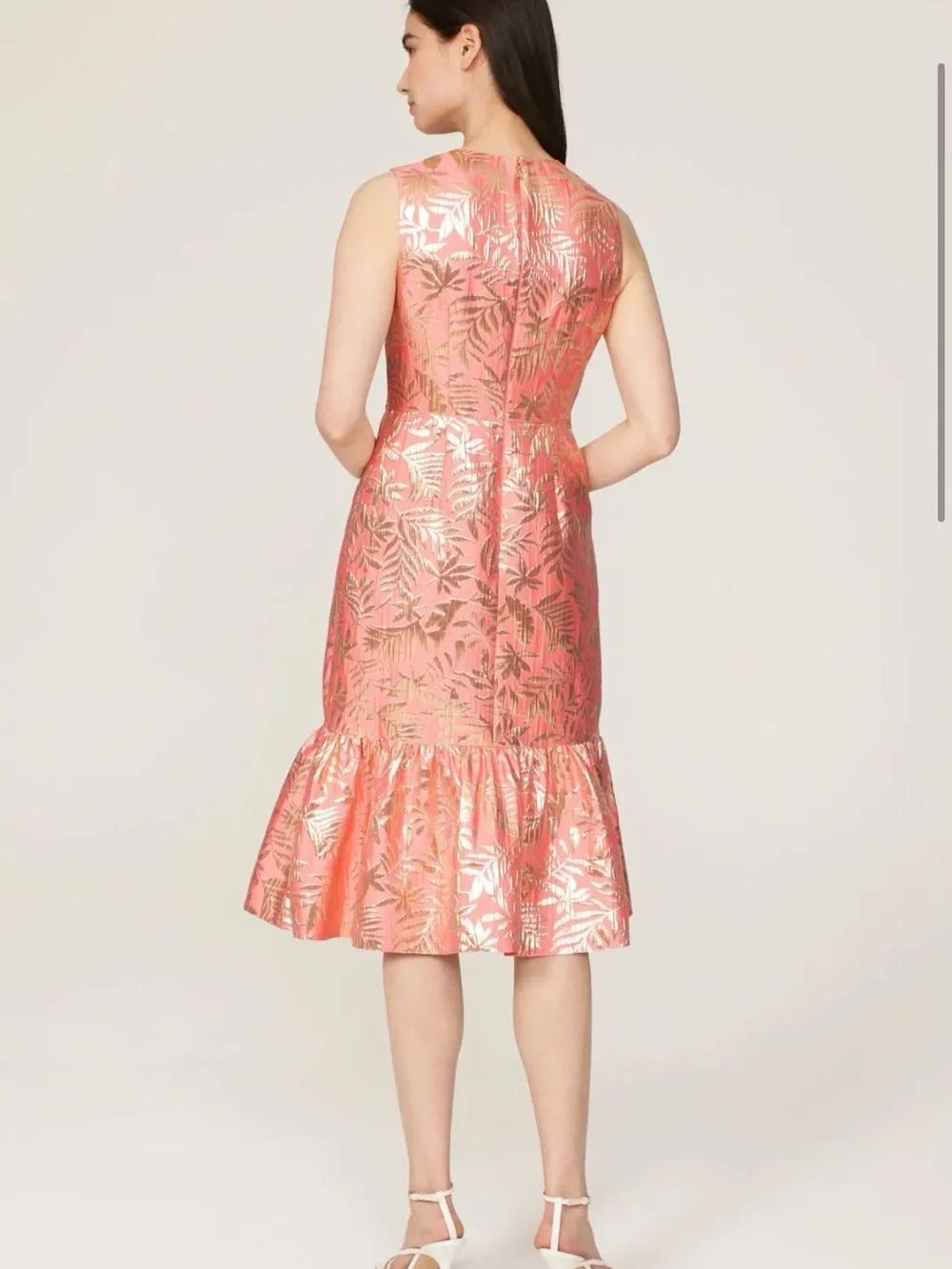 kate spade Coral Metallic Leaf-Print Flounce-Hem Midi Dress - NWT Size 2